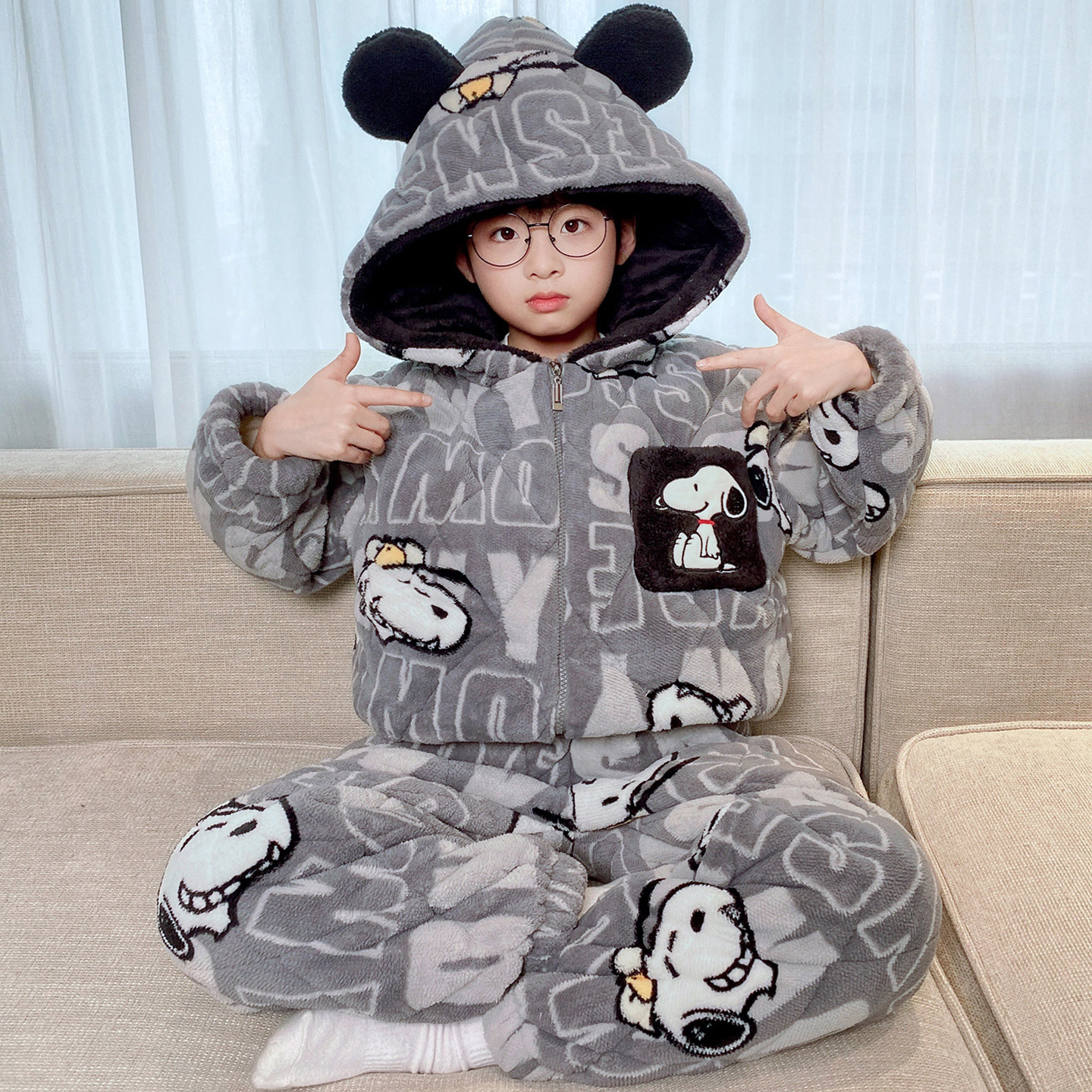 史努比男童冬三层夹棉连帽家居服