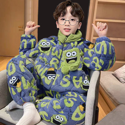 芝麻街儿童睡衣男童男孩冬季三层夹棉加厚加绒2024新款珊瑚绒冬天
