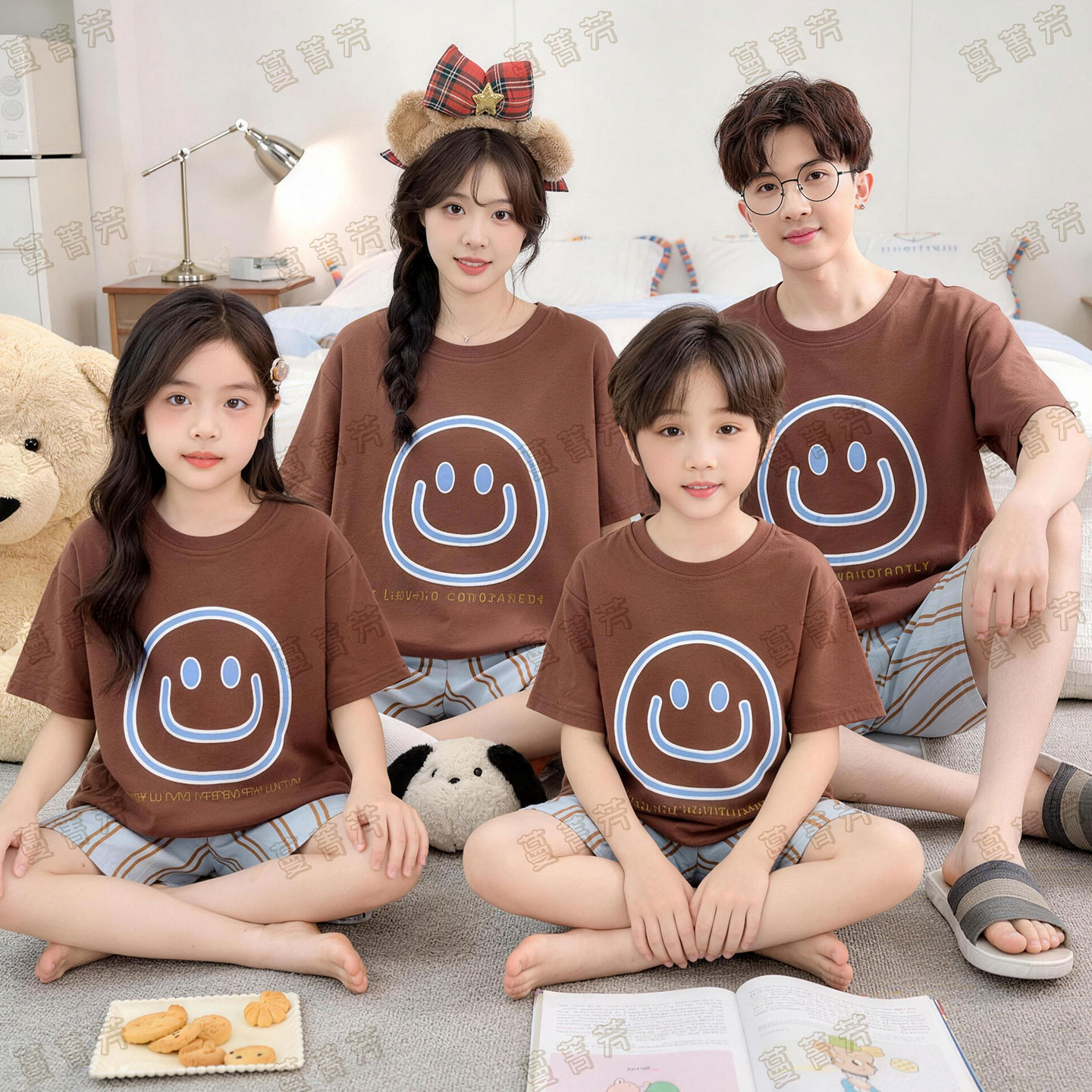 一家四口夏季笑脸纯棉短袖家居服