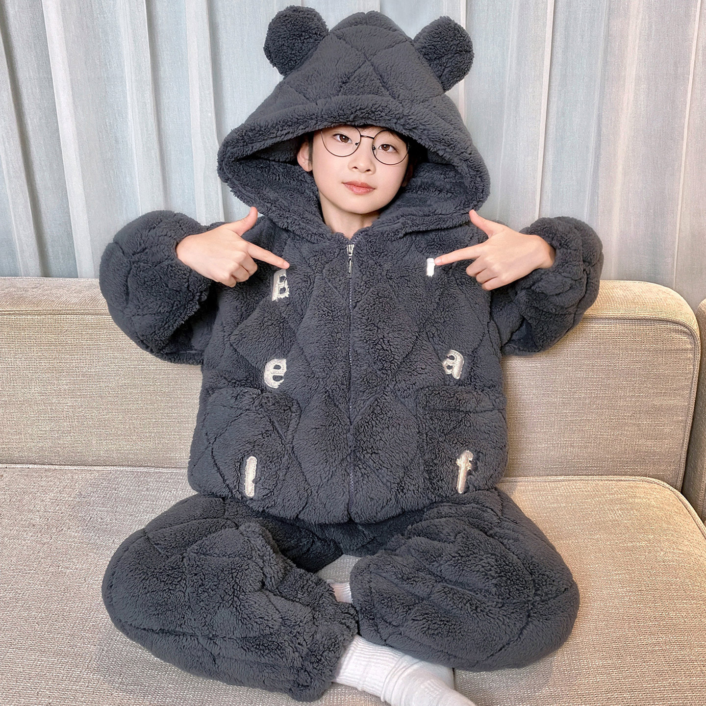 男童冬季三层夹棉加厚大童家居服