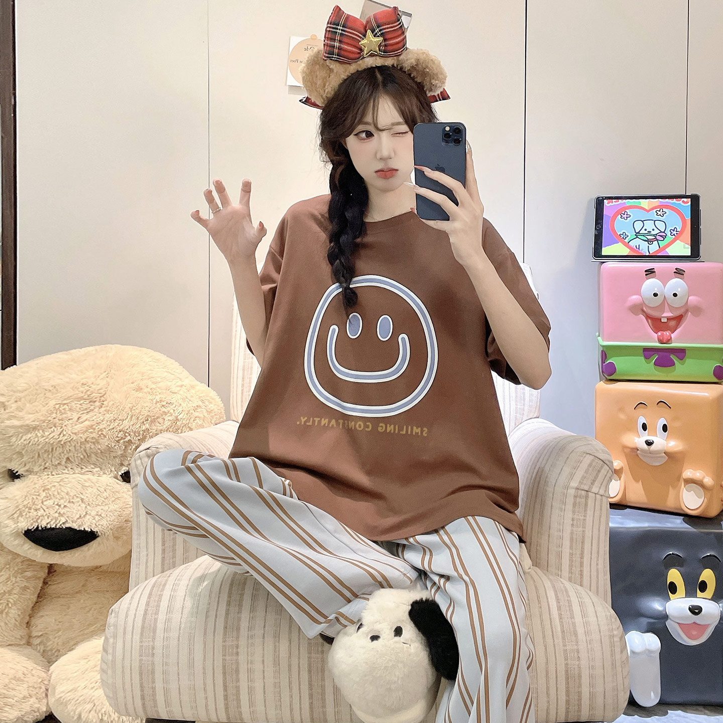 夏季短袖女款纯棉卡通笑脸家居服