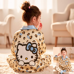 豹纹Kitty猫睡衣女童春秋季2026新款冰丝长袖开衫中大儿童家居服