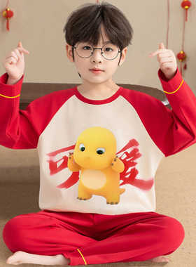 抽象搞怪衣服儿童睡衣男孩2026网红新款奶龙青少年男童红色家居服