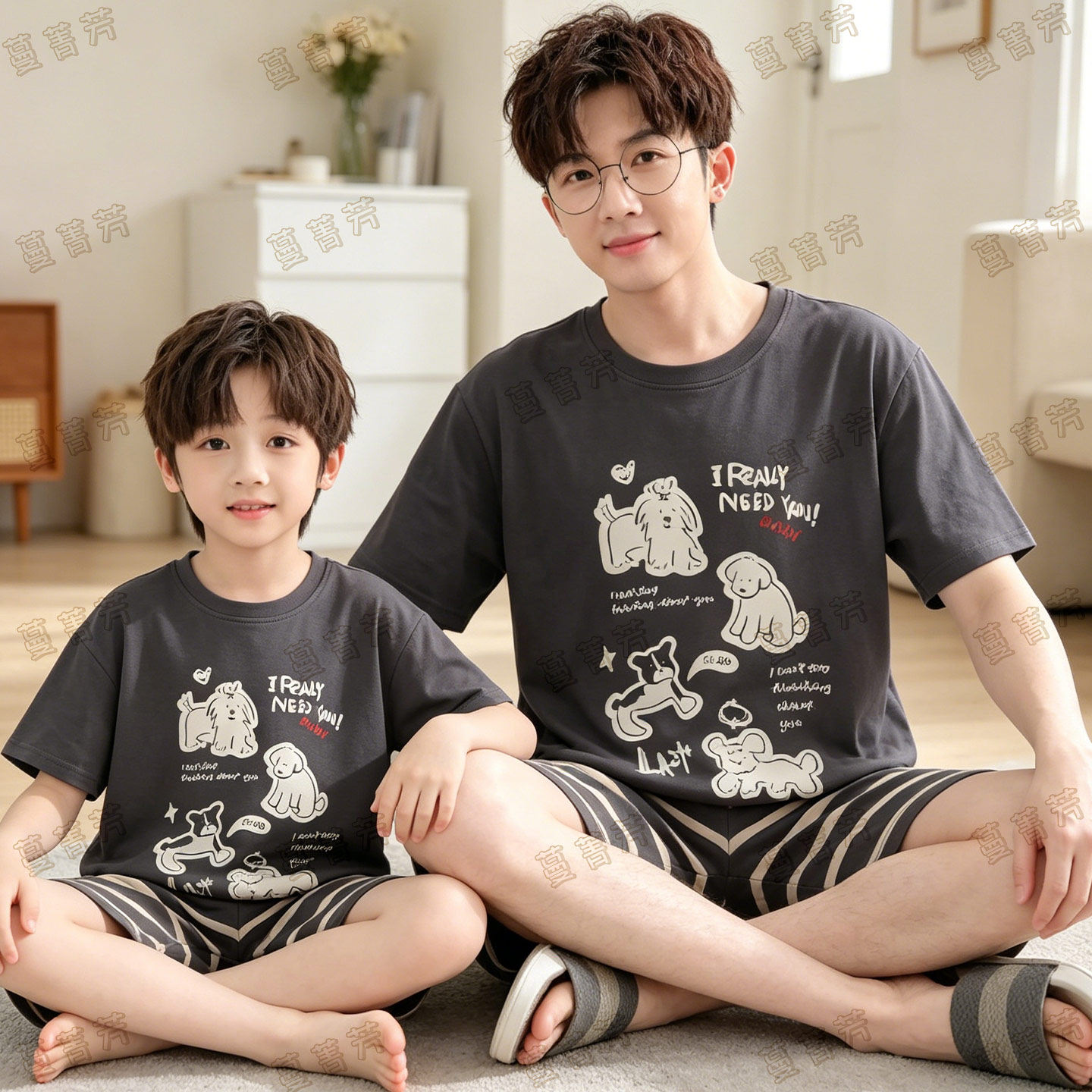 夏季男孩睡衣男款纯棉短袖2026新款中大童青少年亲子家居服父子装