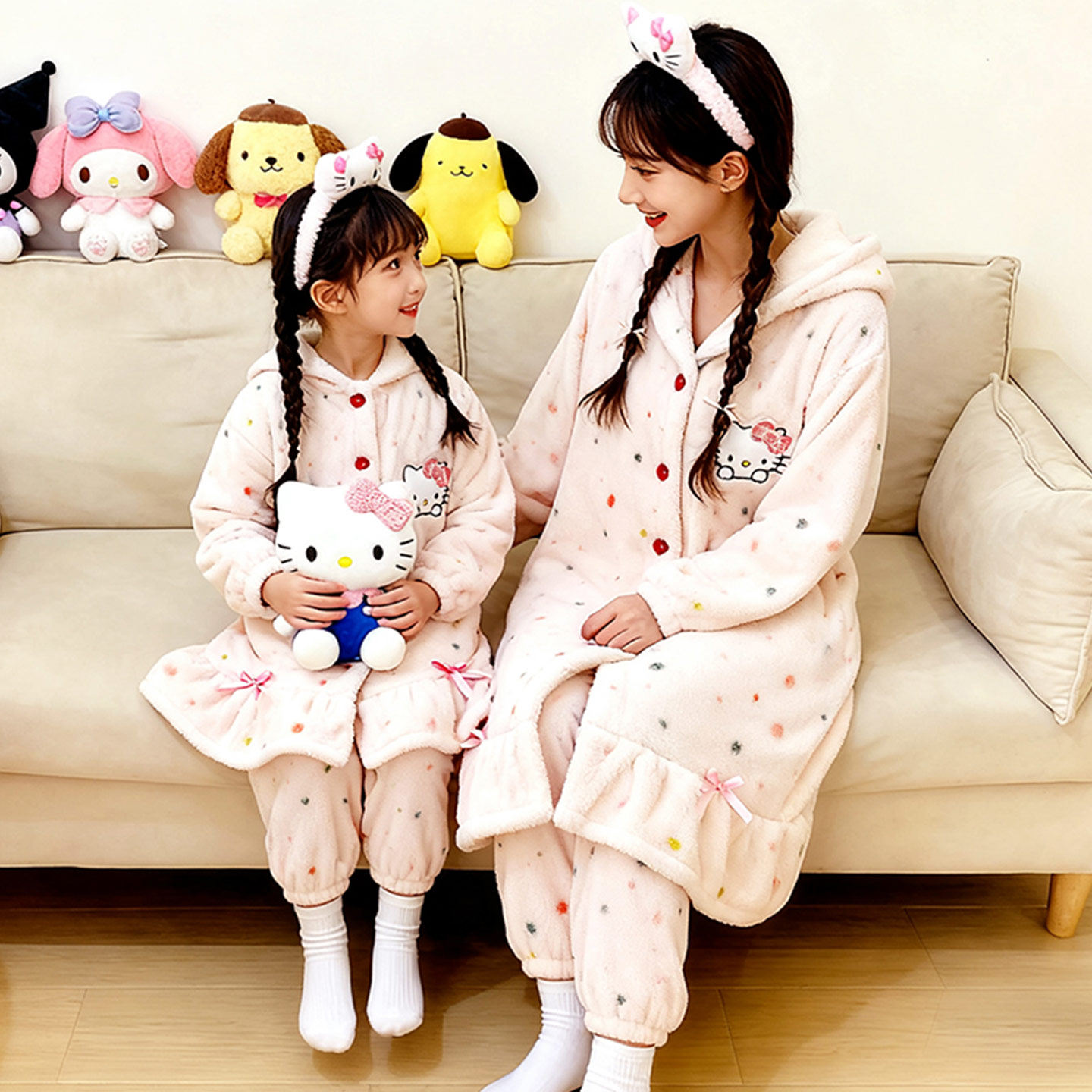 女童睡袍冬季2026新款亲子母女珊瑚绒睡衣法兰绒公主风家居服浴袍