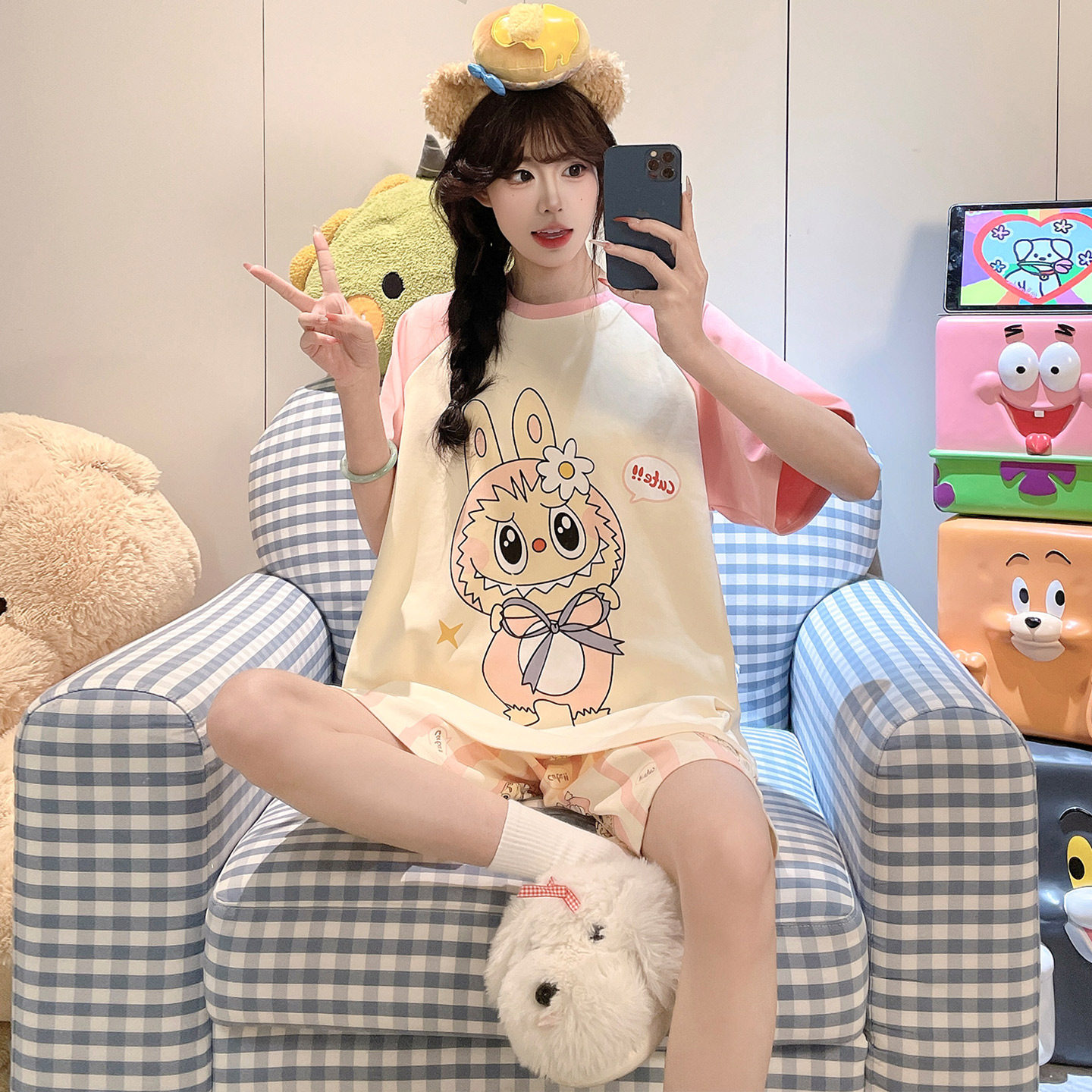 女款夏季纯棉短袖可爱大码家居服