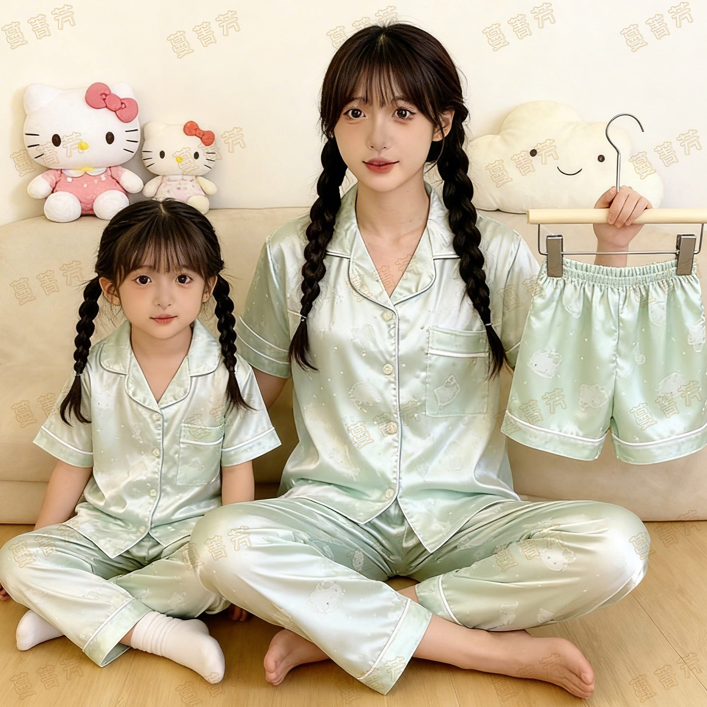 夏季母女冰丝短袖长裤卡通家居服