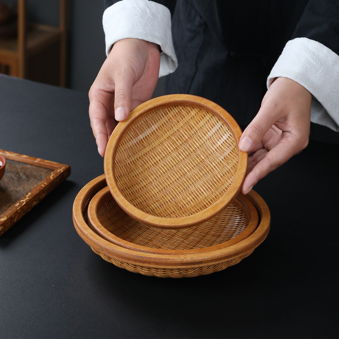 竹编果盘纯手工竹编圆形簸箕馒头筐家用可水洗竹篮竹筐茶具点心篮