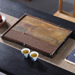 天然岩石茶盘紫竹石材茶台手工竹编干泡台茶台壶承托盘茶具收纳盘