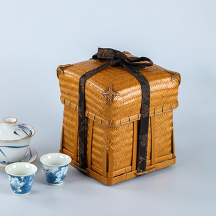 手工竹编收纳盒茶箱竹盒提箱复古茶具收纳箱带盖提篮茶具包装盒
