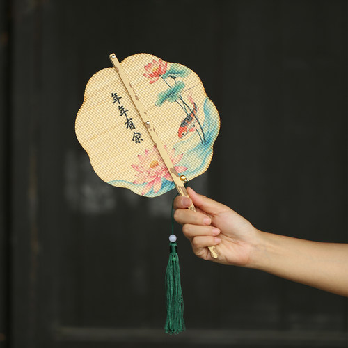手工竹编腰扇可收卷折叠扇子印花