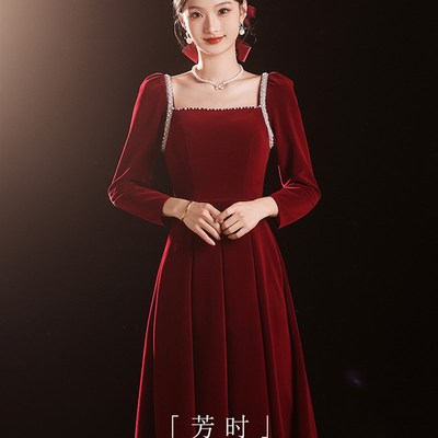 速发红色结绒敬酒服新娘丝婚礼服婚个子订小连衣裙秋冬新款长袖回