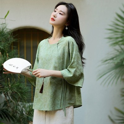 速发新中式改唐汉服别季复古良装中国风盘扣夏致上衣绿色提花衬衣