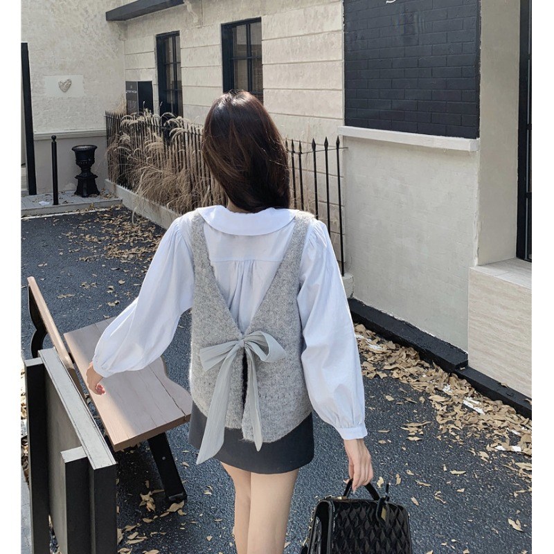 速发露背蝴蝶结前后两穿灰色针背马心织甲早秋叠穿外搭坎肩无袖马