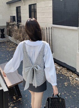 速发露背蝴蝶结前后两穿灰色针背马心织甲早秋叠穿外搭坎肩无袖马