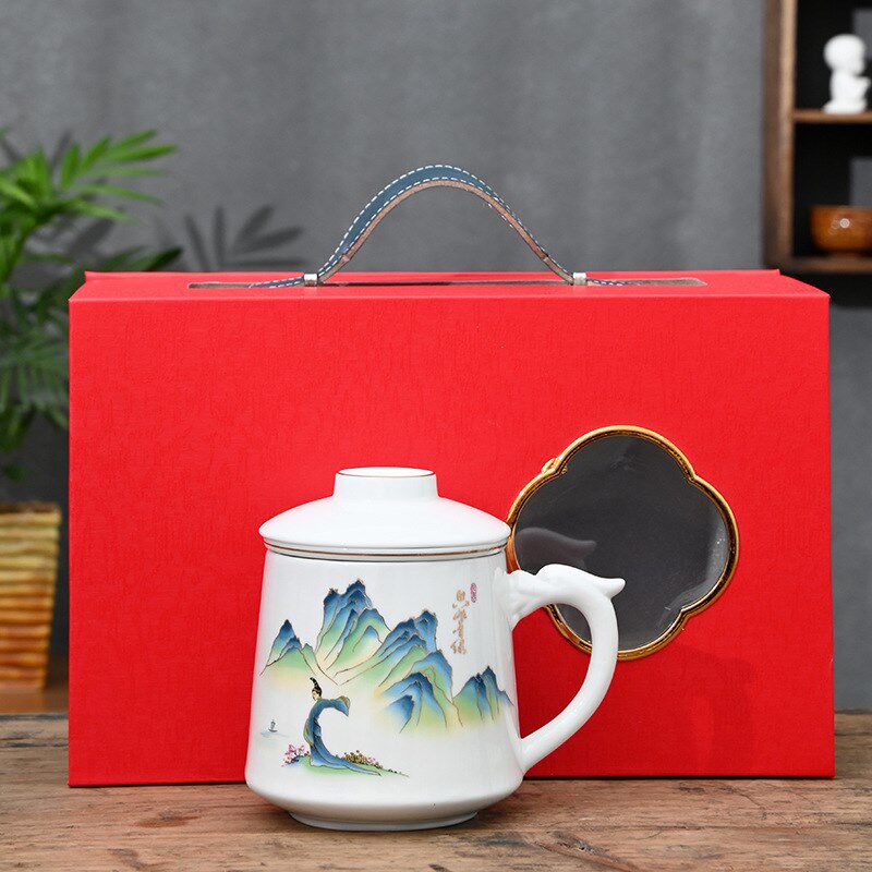 速发白瓷礼公杯茶杯带盖带过滤水杯杯容量家用陶瓷马克大商务办品