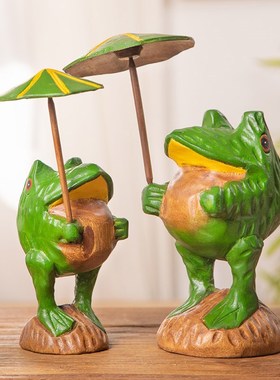 速发木雕青物可爱治愈小摆件办装室好蛙工位情绪桌面公饰解压创意