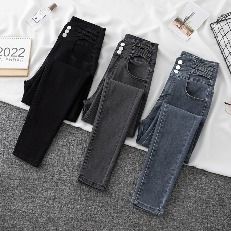 速发大码2025春秋新款复古窄版牛仔裤高腰小脚直筒裤