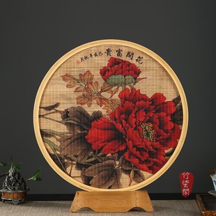 速发中饰竹编竹丝古风画摆印双面件花隔断插屏墙面壁画装式挂画