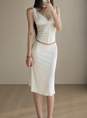 【消烦局长】兰精莫代尔·白色花边波浪中裙包臀半身裙女夏季裙子