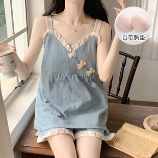 带胸垫睡衣女夏季 吊带背心甜美公主风可爱薄款 夏天宽松家居服套装