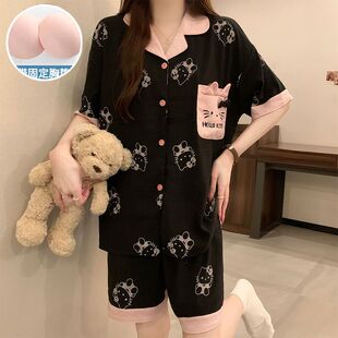 宽松网红家居服套装 云朵棉睡衣女带胸垫夏季 短裤 甜美卡通短袖 新款