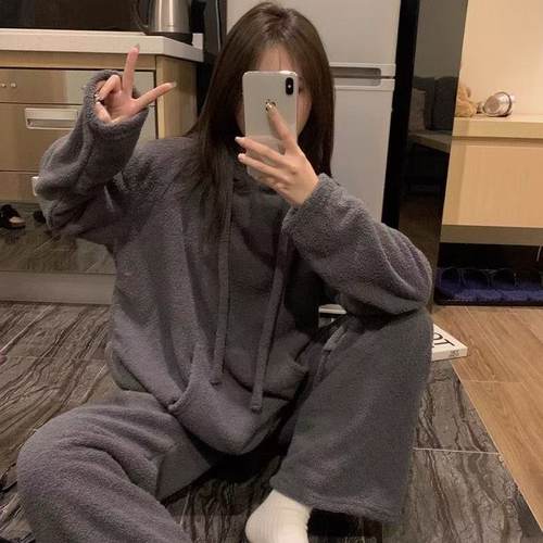 简约纯色半边绒睡衣女冬款加绒加厚宽松大码法兰绒运动家居服套装