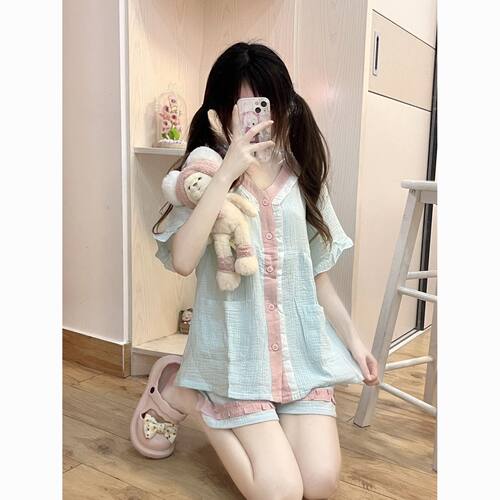 ins风荷叶边睡衣女夏天新款甜美拼色学生日系薄款短袖家居服套装