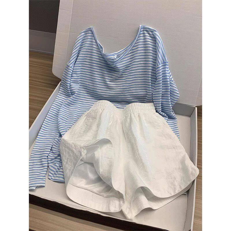 韩版简约休闲条纹袖睡衣女款夏春宽松罩衫短裤家居服套装可外穿