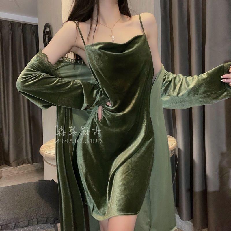 亲肤舒适~金丝绒睡衣女2024新款秋冬季纯欲套装睡裙性感吊带蕾丝
