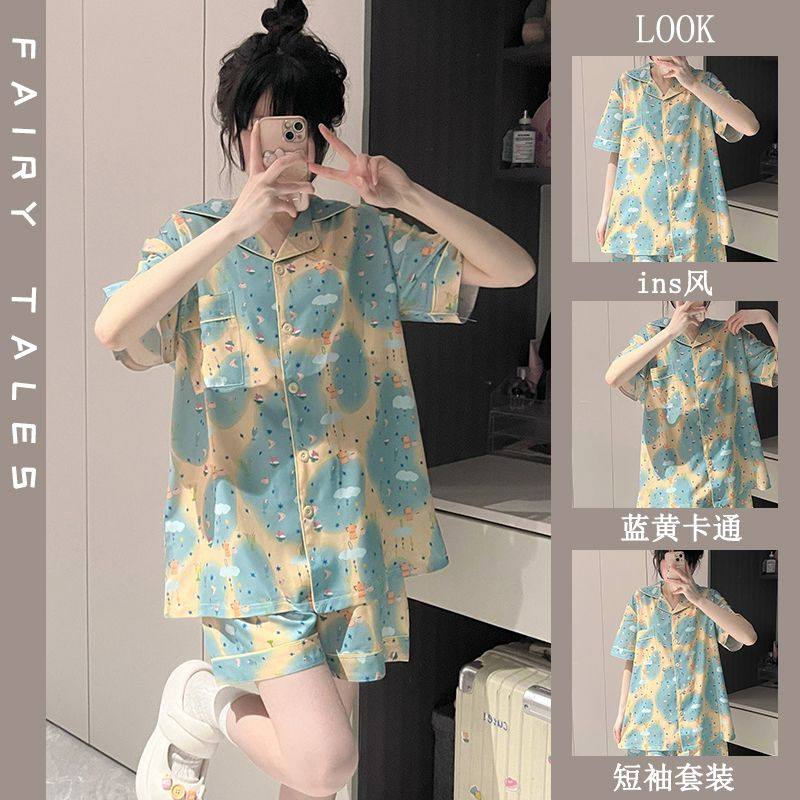 睡衣女夏天新款卡通日系印花学院风韩版薄款可外穿短袖家居服套装