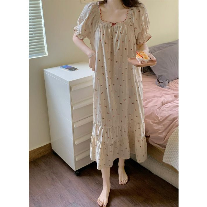 甜美樱桃印花家居服舒适睡裙女夏季情侣装泳衣显瘦连衣裙泡泡袖裙