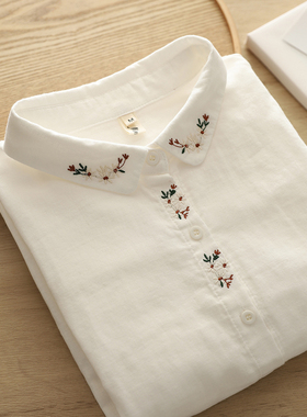 2025秋季白色双层棉纱长袖衬衫女宽松文艺百搭刺绣小花纯棉衬衣