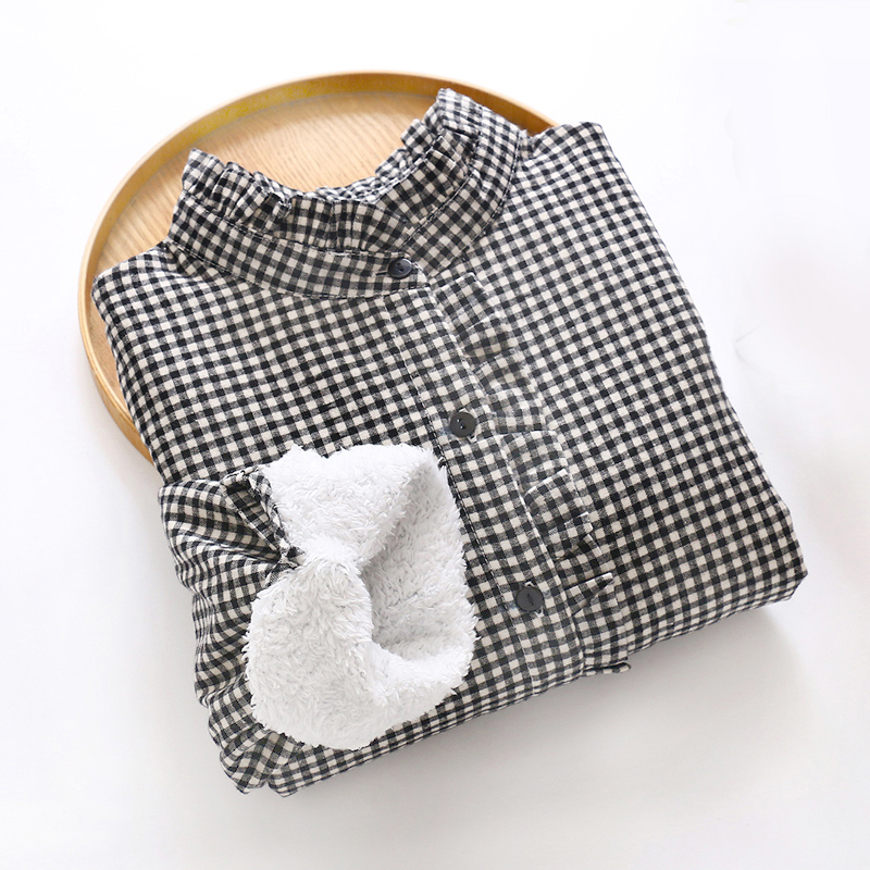 2025秋冬加绒保暖格子衬衫女长袖韩版木耳边立领加厚衬衣打底衫