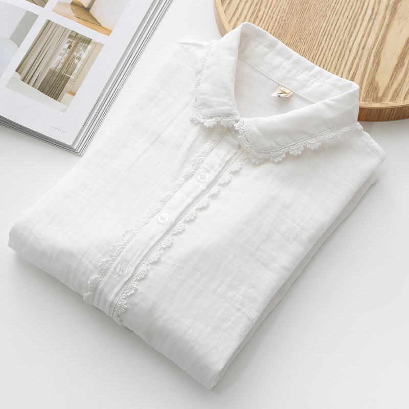 2025春秋装白色双层棉纱长袖衬衫女娃娃领文艺蕾丝花边柔软棉衬衣,女装/女士精品,衬衫,淘宝优惠券,粉丝福利购,淘宝优惠卷