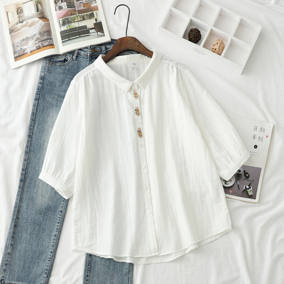 双层棉纱短袖衬衫女宽松百搭文艺刺绣兔子夏装纯棉柔软半袖衬衣