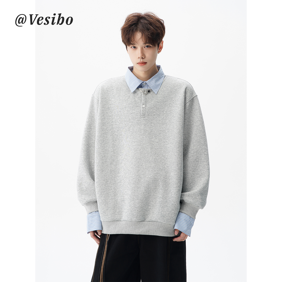 日系假两件POLO衫男春秋潮牌