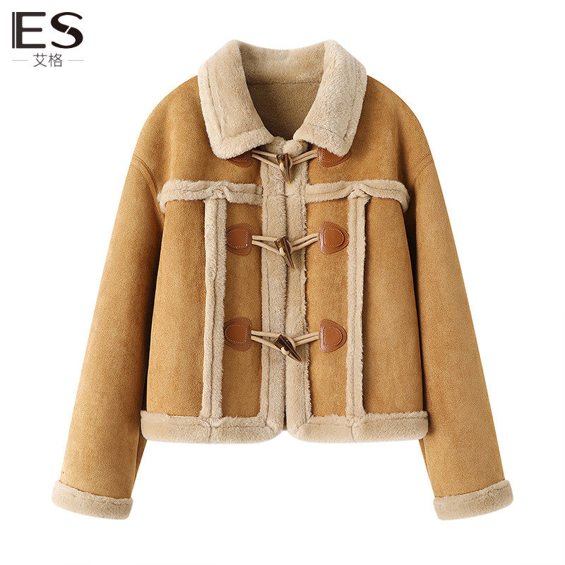 艾格ES皮毛一体短外套女2023年秋冬新款宽松显瘦毛绒夹克外套