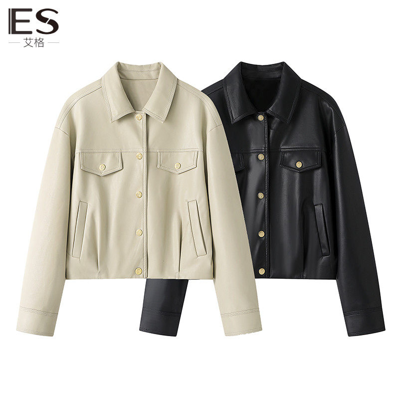 Etam/艾格ES翻领廓形皮衣女2023秋季新款显瘦机车PU夹克短外套女