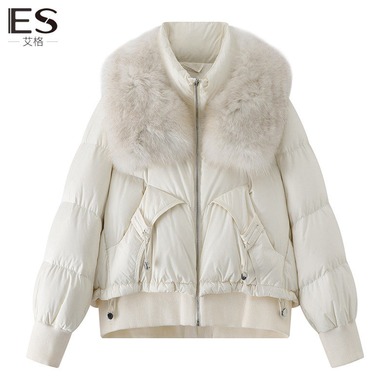 艾格2023冬季新款白色立领鹅绒服狐狸真毛领羽绒外套短夹克保暖女