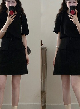 实拍大码女装云梦泽夏季新款独特小众设计感拉链假两件小黑裙