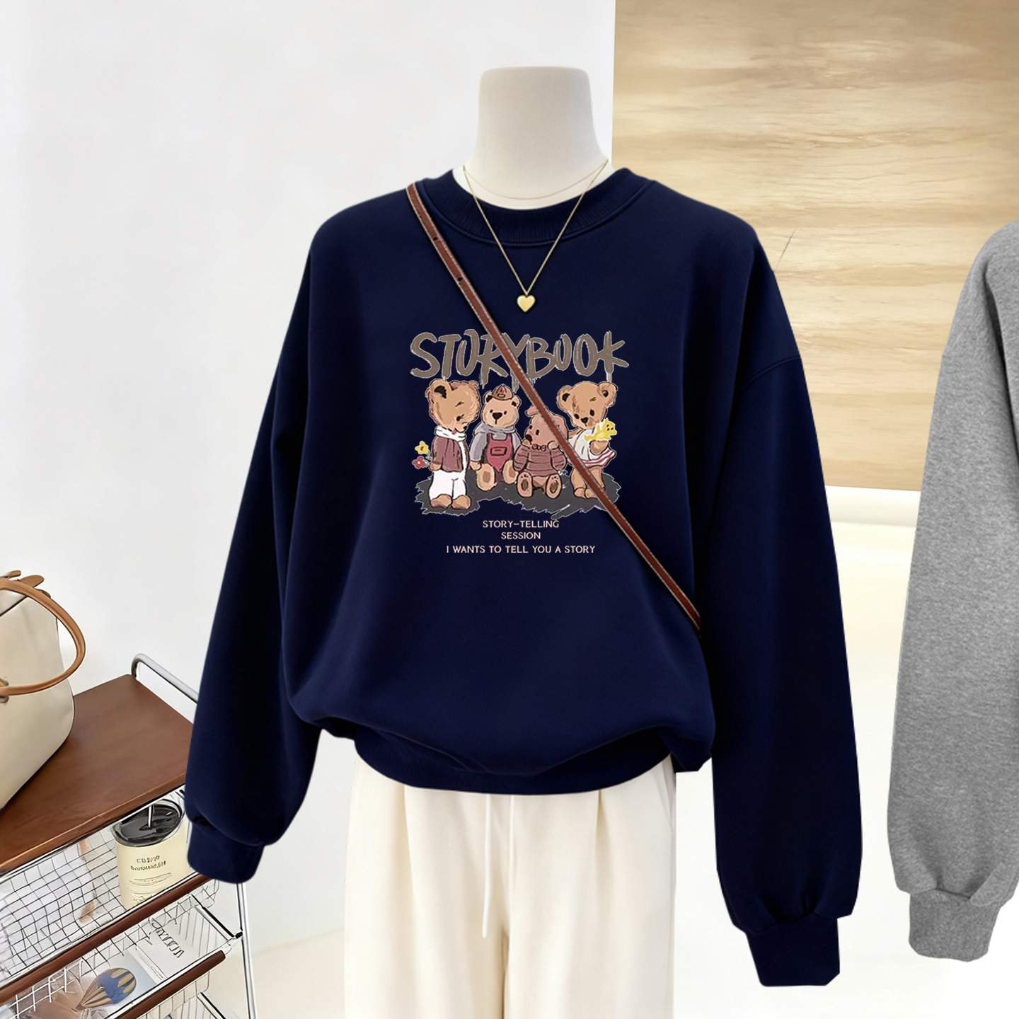 东大门复古小熊加绒圆领卫衣女