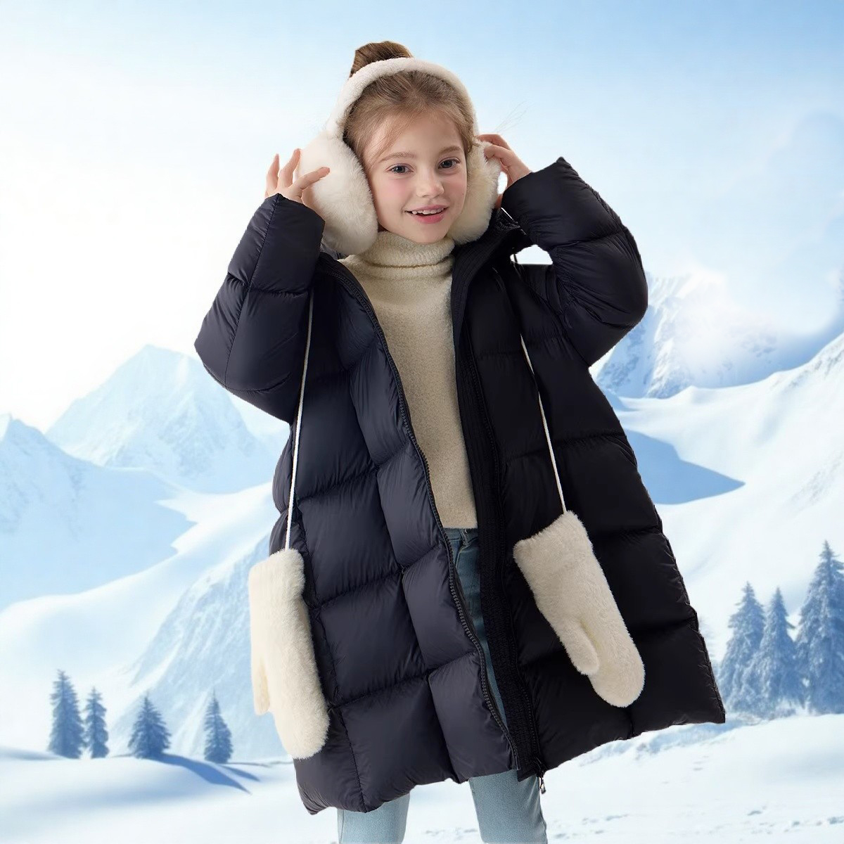 女童长款羽绒服冬新款三防白鸭绒