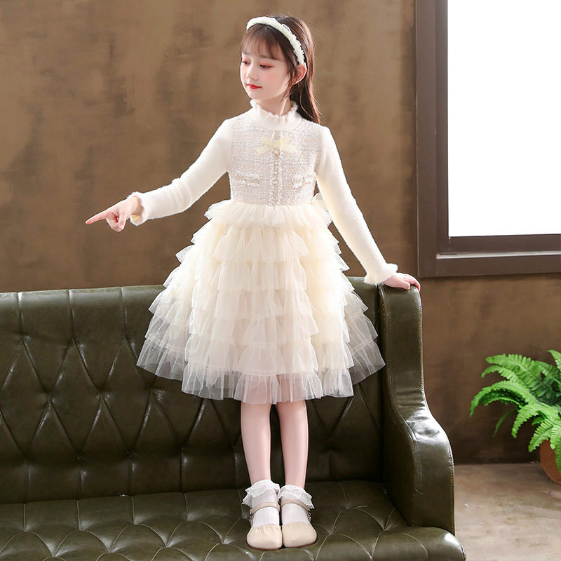 秋冬新款女童公主裙韩版网纱拼接连衣裙加厚儿童表演服蓬蓬纱礼服