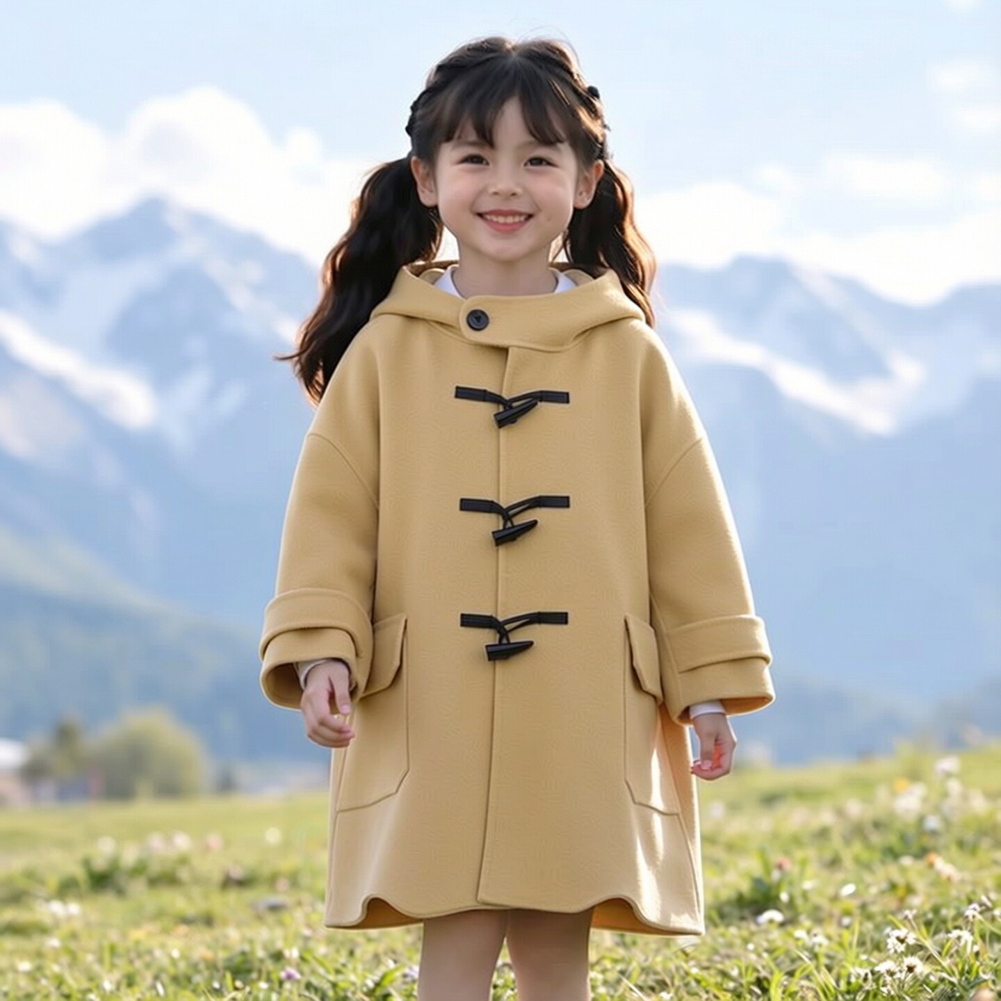 2026新款羊毛双面羊绒大衣男童女童儿童牛角扣呢外套冬季中大童