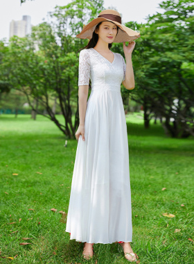 白色雪纺连衣裙超仙2025新款法式显瘦裙子长款蕾丝大摆长裙女夏