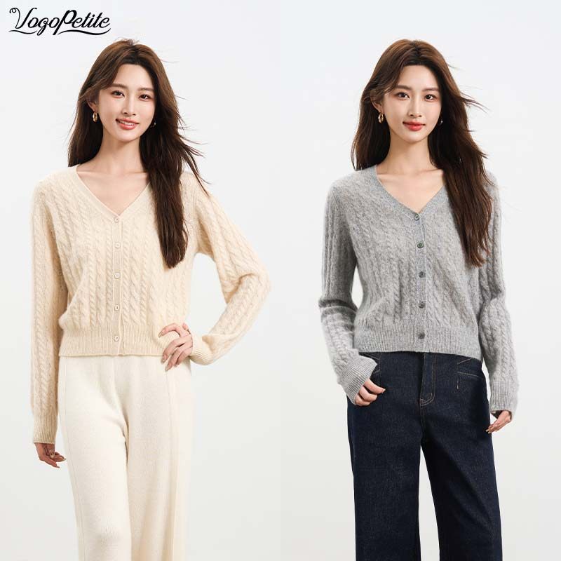vogopetite V领麻花纹羊绒开衫女秋冬百搭纽扣针织衫
