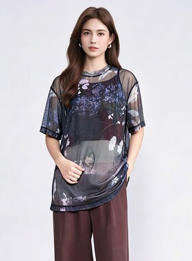【商场同款】ANN SHAO 印花网纱透视常规小衫圆领短袖宽松