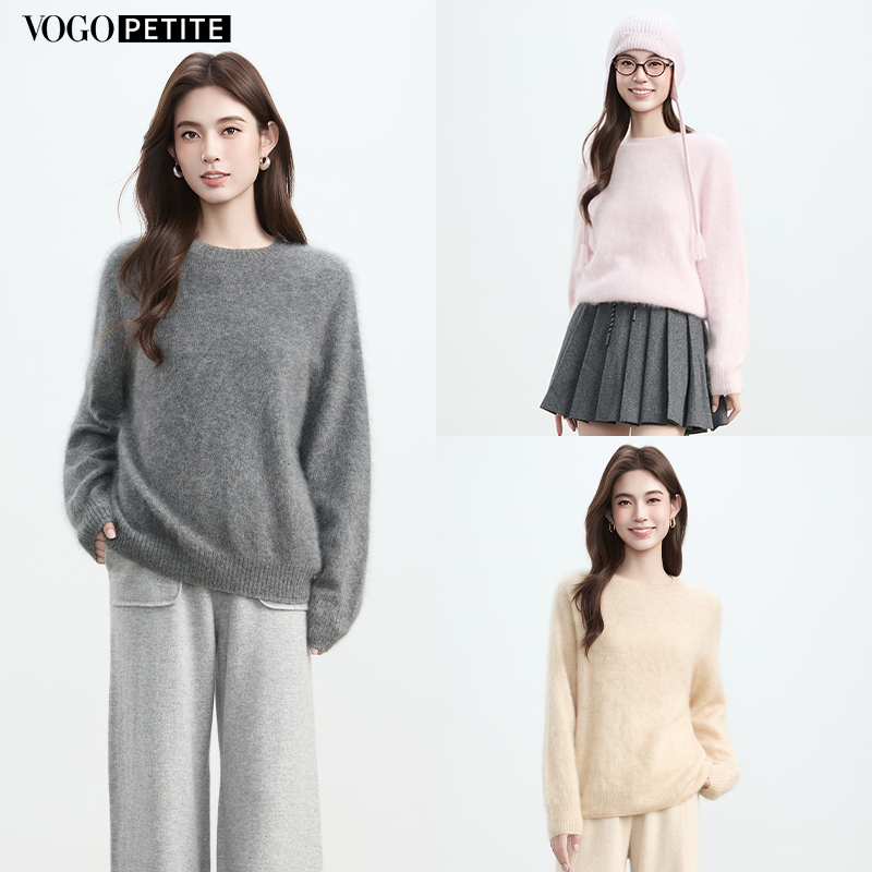 拉绒羊绒衫女茸茸圆领宽松毛衣