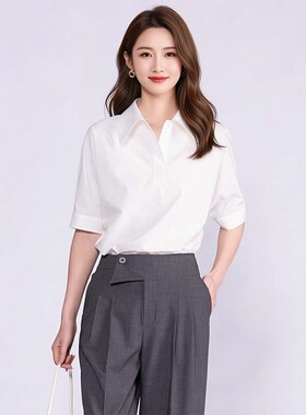【商场同款】ANN SHAOPOLO设计感衬衫白色翻领女装通勤风短袖
